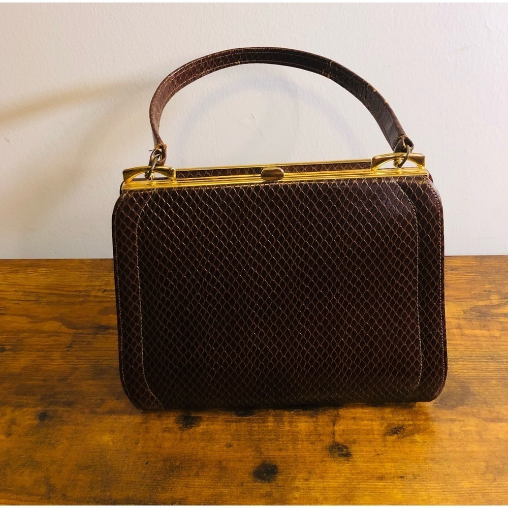 Vintage Elbief England Snake Skin Brown Handbag. Gold Hardware. 50/60s